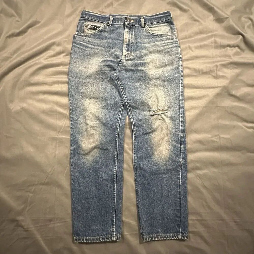 Vintage 90s Lee Jeans Mens 33x30 Distressed Medium Wash Blue Denim Cowboy USA